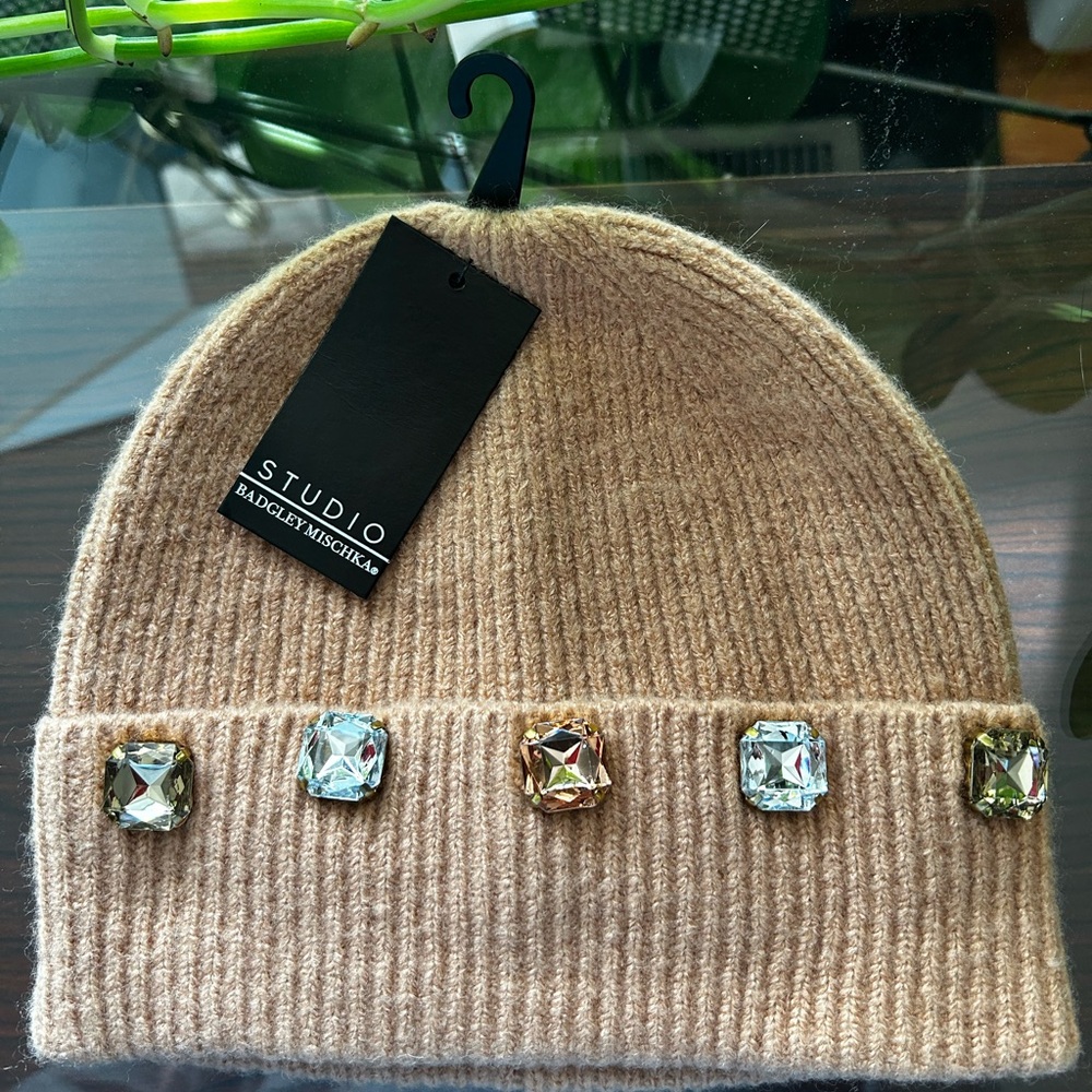 Badgley Mischka Studio NWT Tan Beanie with Gem Accents